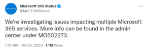 Microsoft 365 status tweet