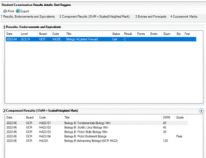 Sims 8 component results in student panel 1