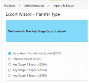 From the area drop down menu select key stage eyf year 7